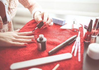 Manicure station with red nail polish