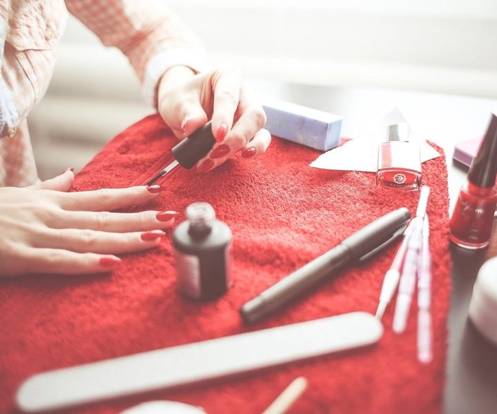 Manicure station with red nail polish